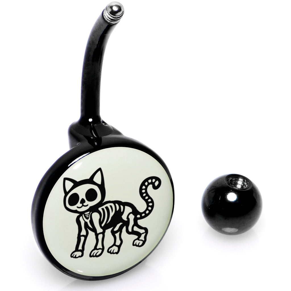 BodyCandy Black Anodized Glow in the Dark Skeleton Kitty Cat Belly Ring by Onyx O — back view