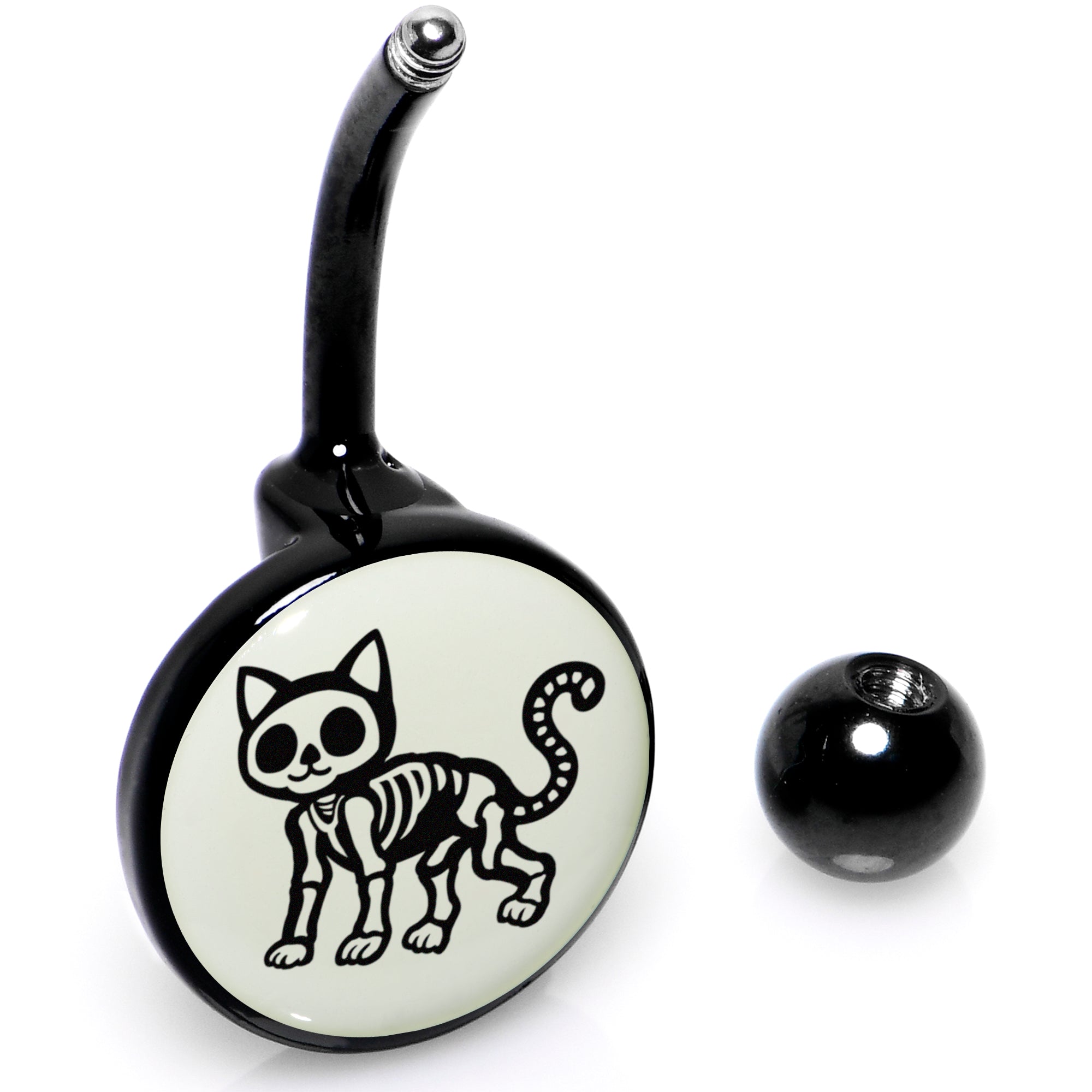 BodyCandy Black Anodized Glow in the Dark Skeleton Kitty Cat Belly Ring by Onyx O — back view