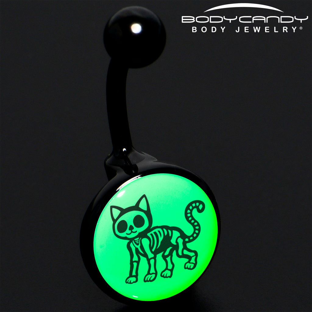 BodyCandy Black Anodized Glow in the Dark Skeleton Kitty Cat Belly Ring by Onyx O — alternative angle