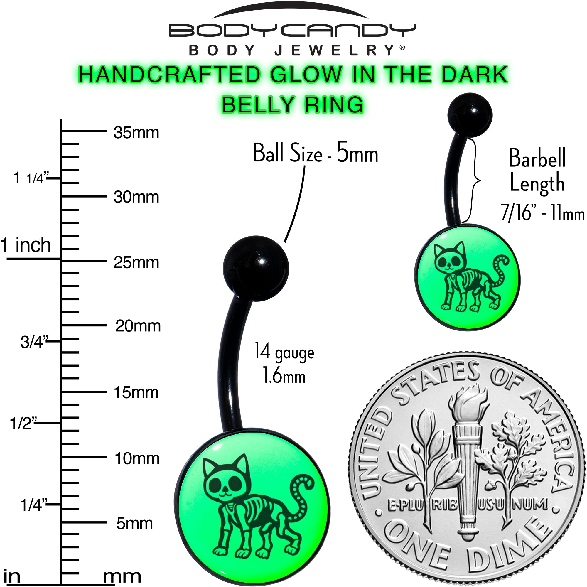 BodyCandy Black Anodized Glow in the Dark Skeleton Kitty Cat Belly Ring by Onyx O — size reference