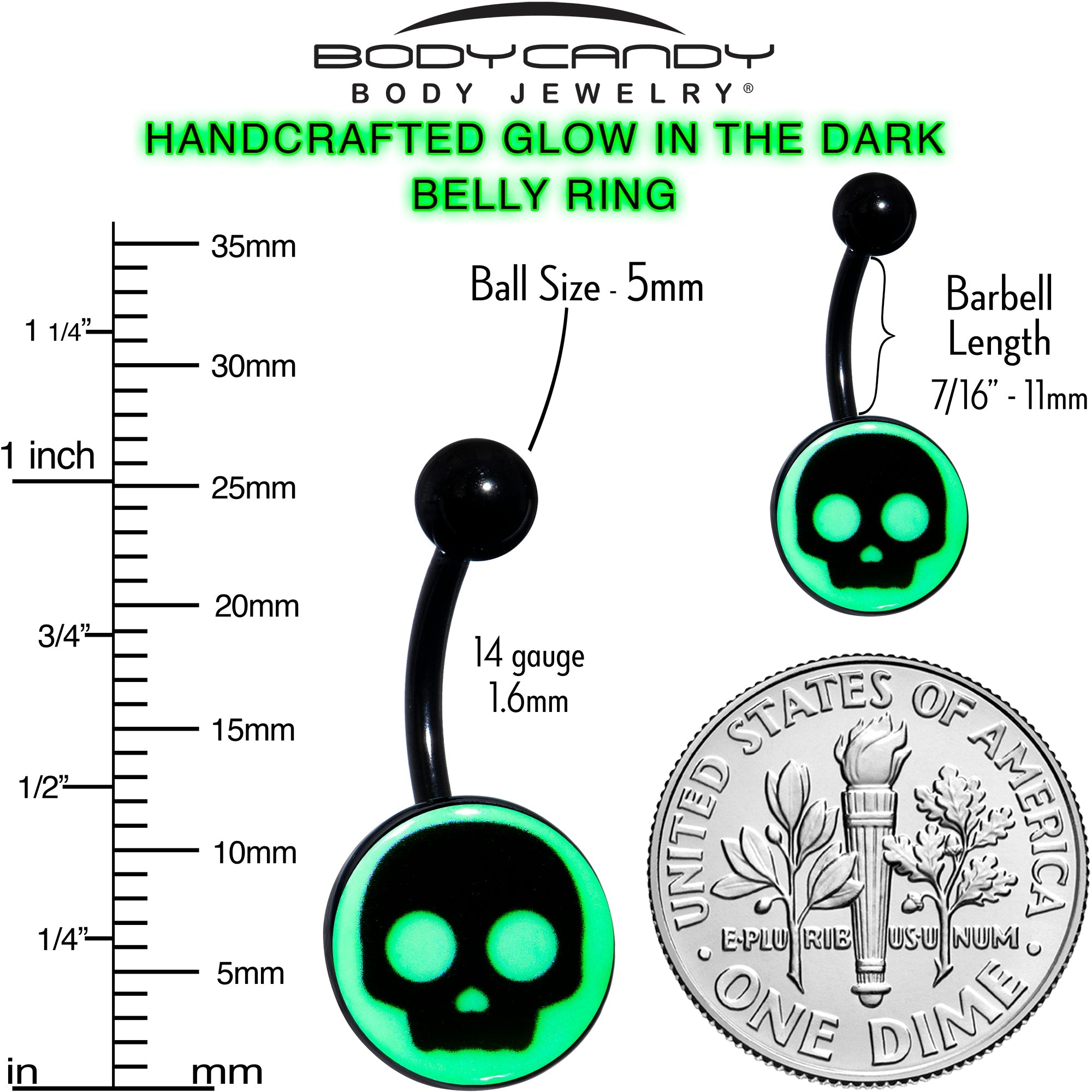 BodyCandy Glow in the Dark Simple Skull Belly Ring by Onyx O — size reference