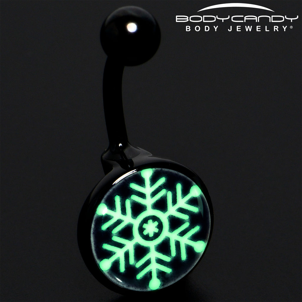 BodyCandy Black Glow in the Dark Holiday Snowflake Belly Ring by Onyx O — detail close-up