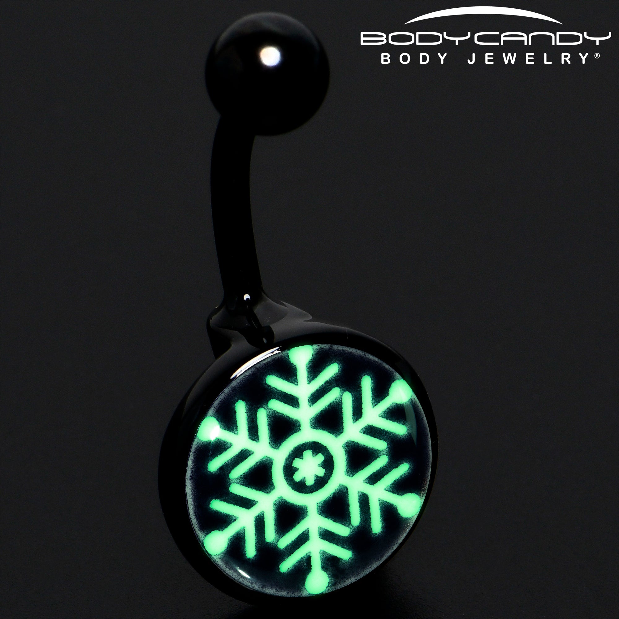 BodyCandy Black Glow in the Dark Holiday Snowflake Belly Ring by Onyx O — detail close-up