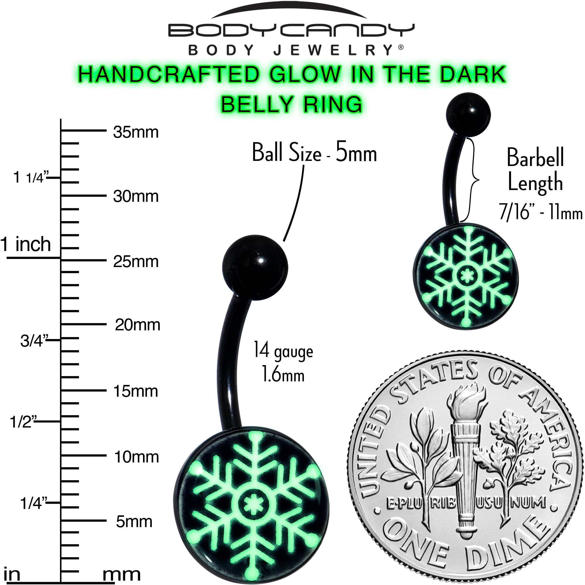 BodyCandy Black Glow in the Dark Holiday Snowflake Belly Ring by Onyx O — size reference