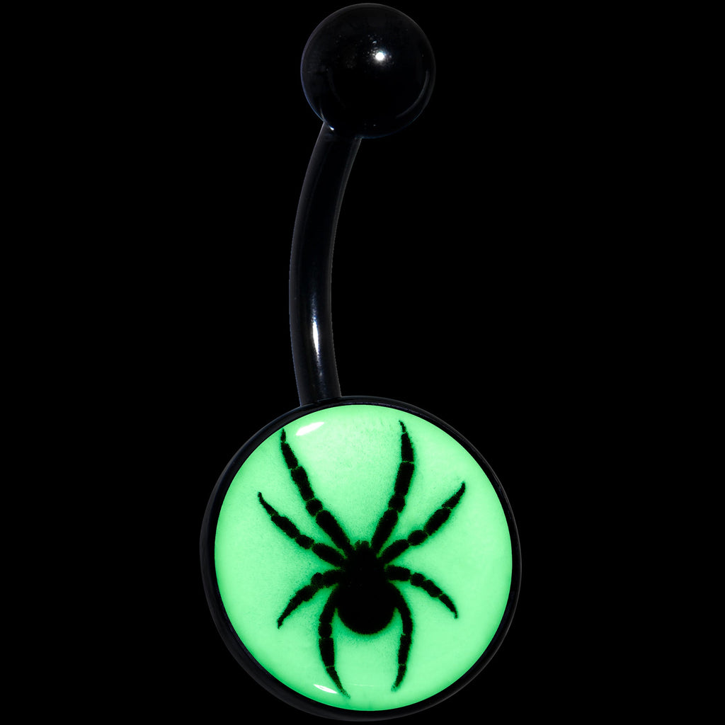 BodyCandy Black Glow in the Dark Black Widow Spider Belly Ring by Onyx O — detail close-up
