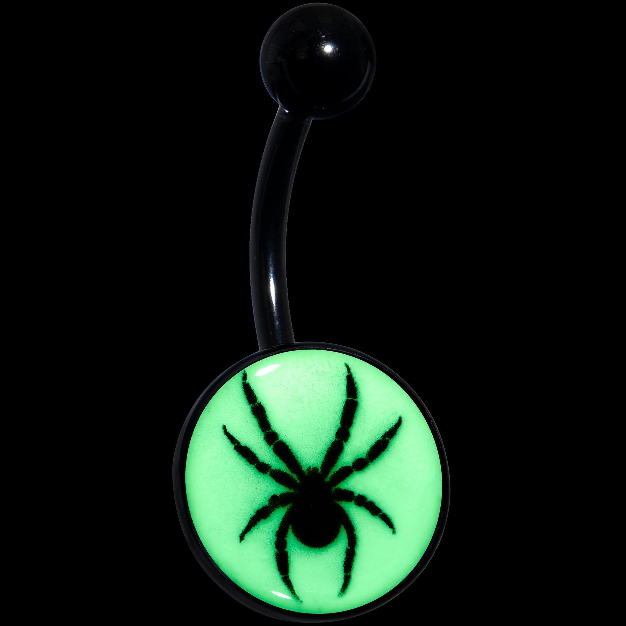 BodyCandy Black Glow in the Dark Black Widow Spider Belly Ring by Onyx O — detail close-up