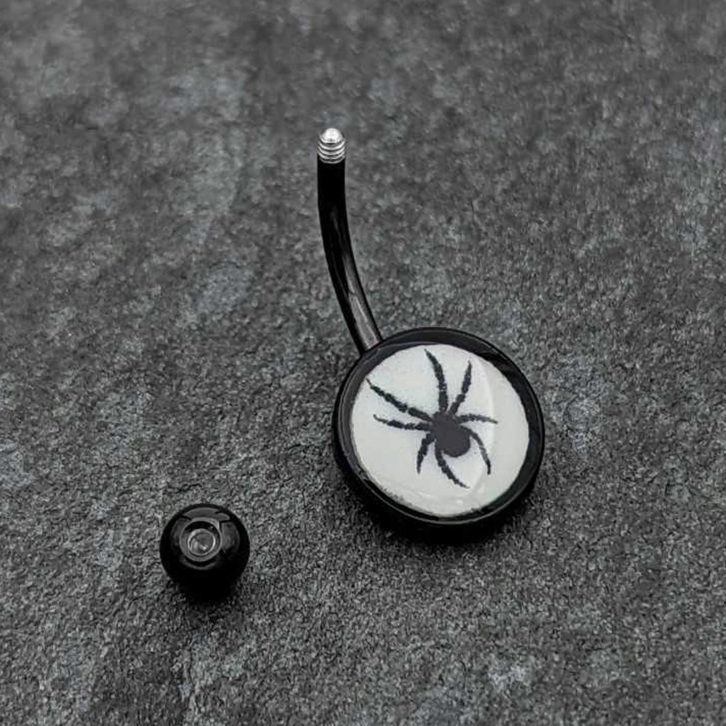 BodyCandy Black Glow in the Dark Black Widow Spider Belly Ring by Onyx O — side view