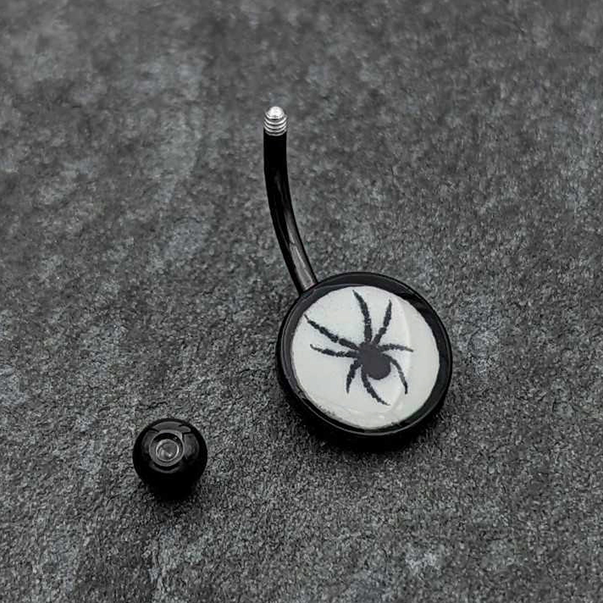 BodyCandy Black Glow in the Dark Black Widow Spider Belly Ring by Onyx O — side view