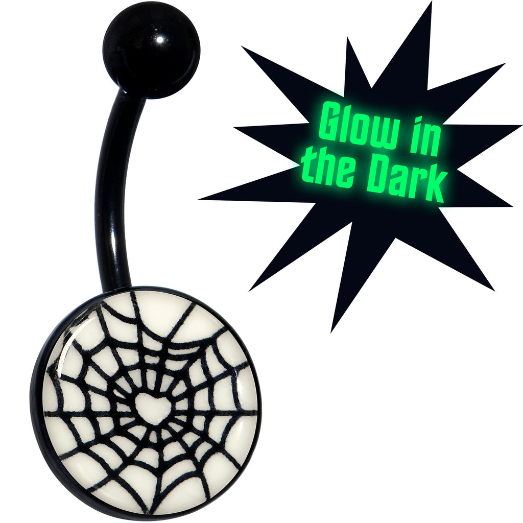 BodyCandy Black Glow in the Dark Heart Spider Web Belly Ring by Onyx O — main product shot