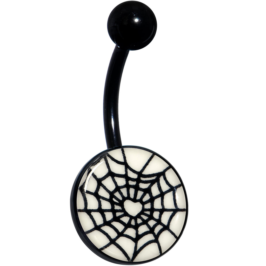 BodyCandy Black Glow in the Dark Heart Spider Web Belly Ring by Onyx O — side view