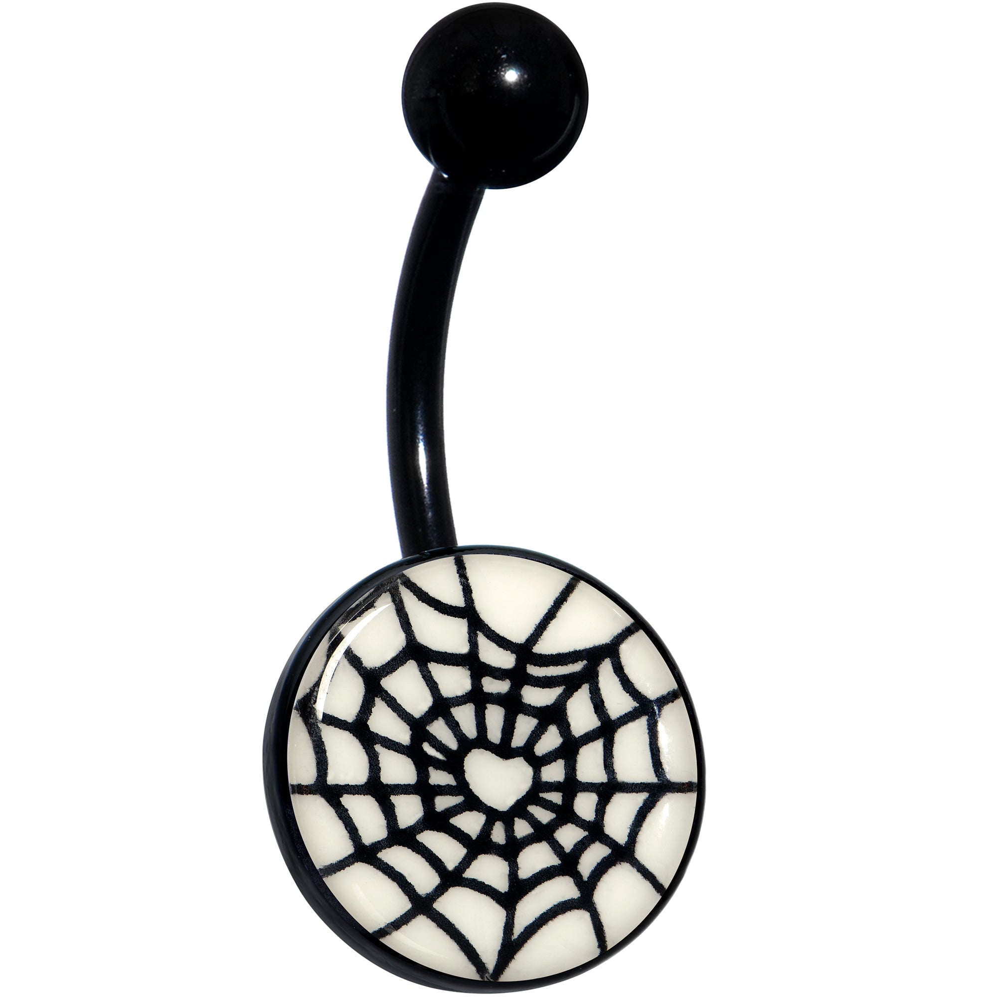 BodyCandy Black Glow in the Dark Heart Spider Web Belly Ring by Onyx O — side view