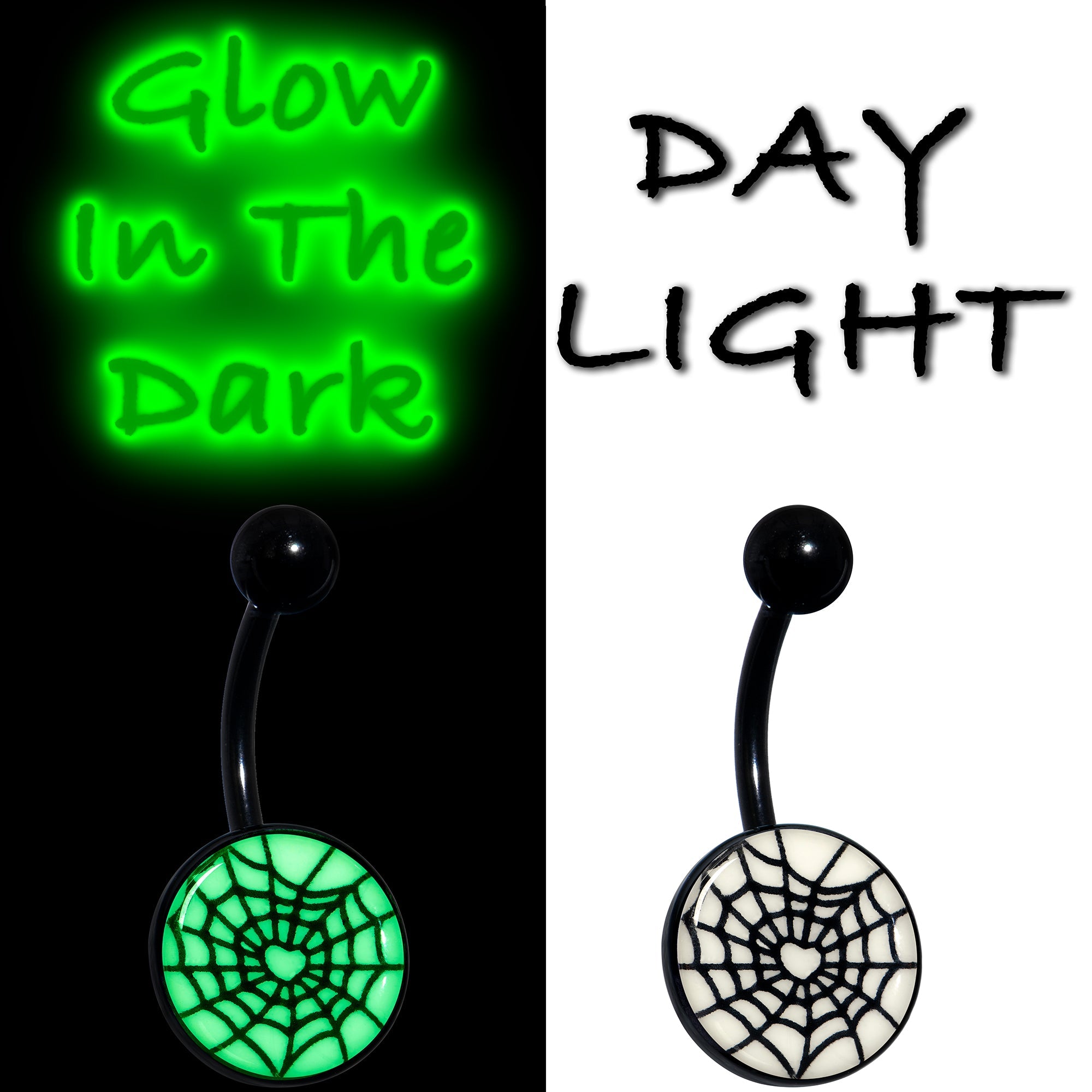 BodyCandy Black Glow in the Dark Heart Spider Web Belly Ring by Onyx O — back view