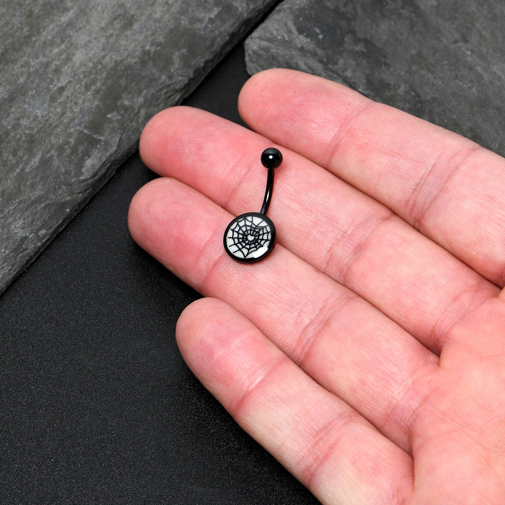BodyCandy Black Glow in the Dark Heart Spider Web Belly Ring by Onyx O — lifestyle context