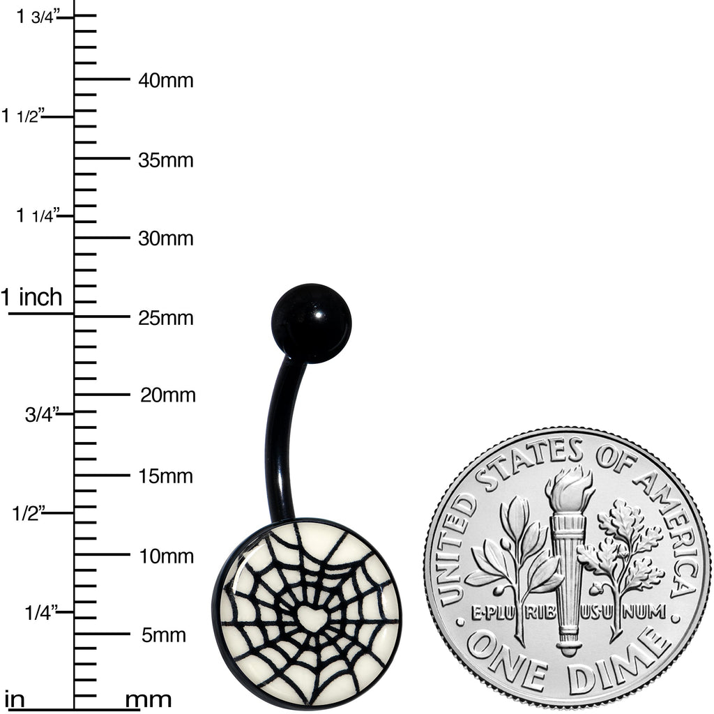 BodyCandy Black Glow in the Dark Heart Spider Web Belly Ring by Onyx O — color detail