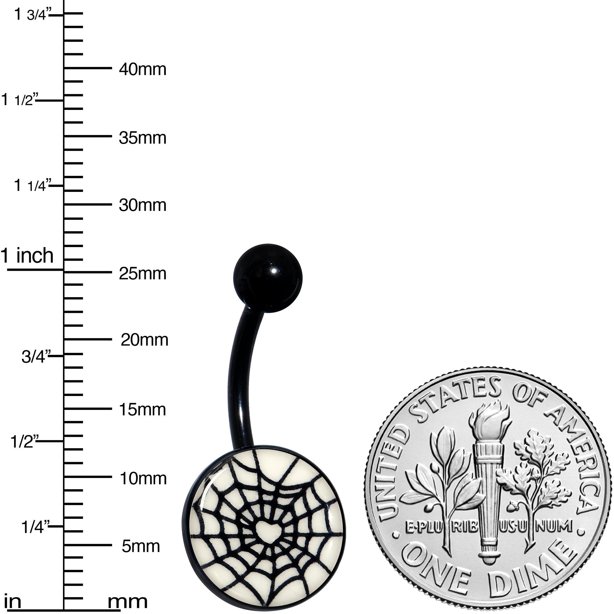 BodyCandy Black Glow in the Dark Heart Spider Web Belly Ring by Onyx O — color detail