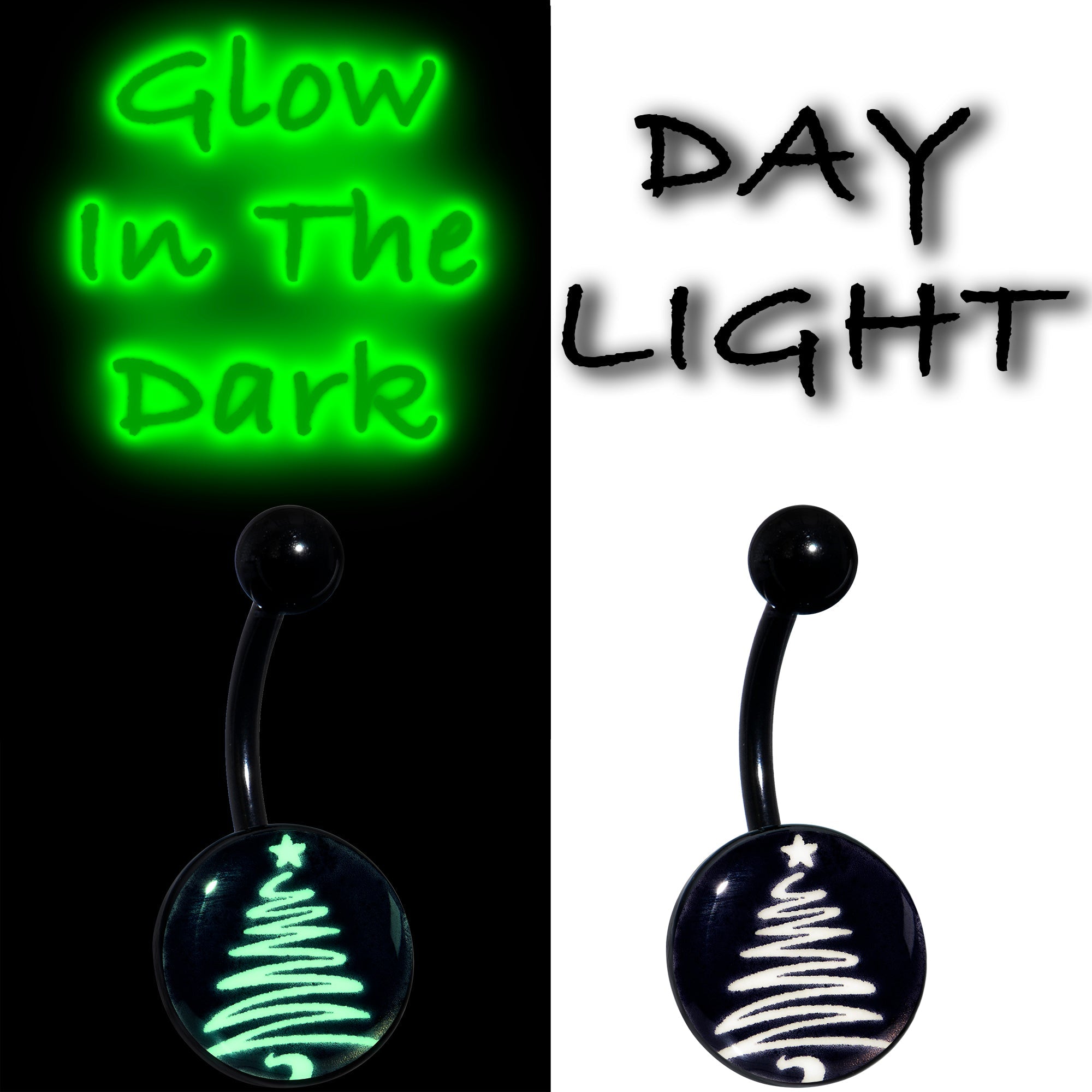BodyCandy Black Glow in the Dark Holiday Christmas Tree Belly Ring by Onyx O — lifestyle context