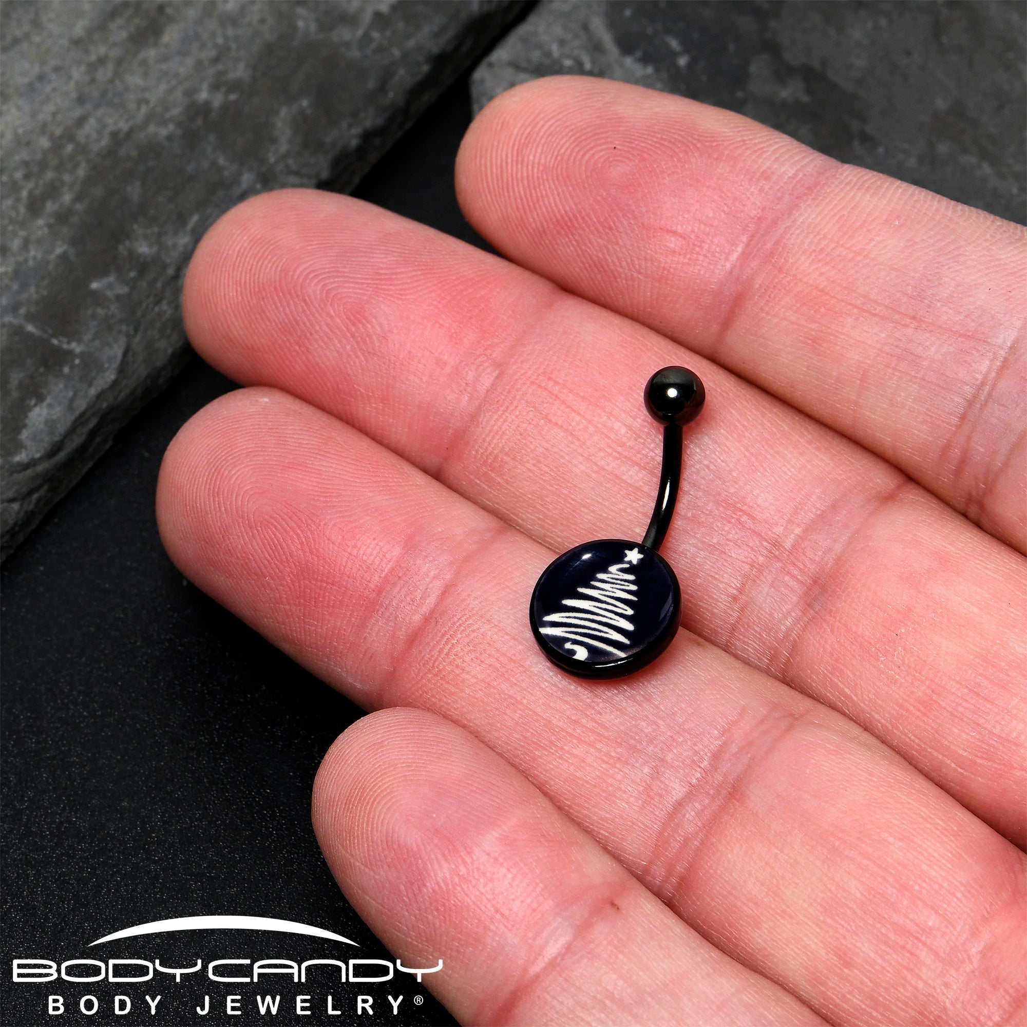 BodyCandy Black Glow in the Dark Holiday Christmas Tree Belly Ring by Onyx O — side view