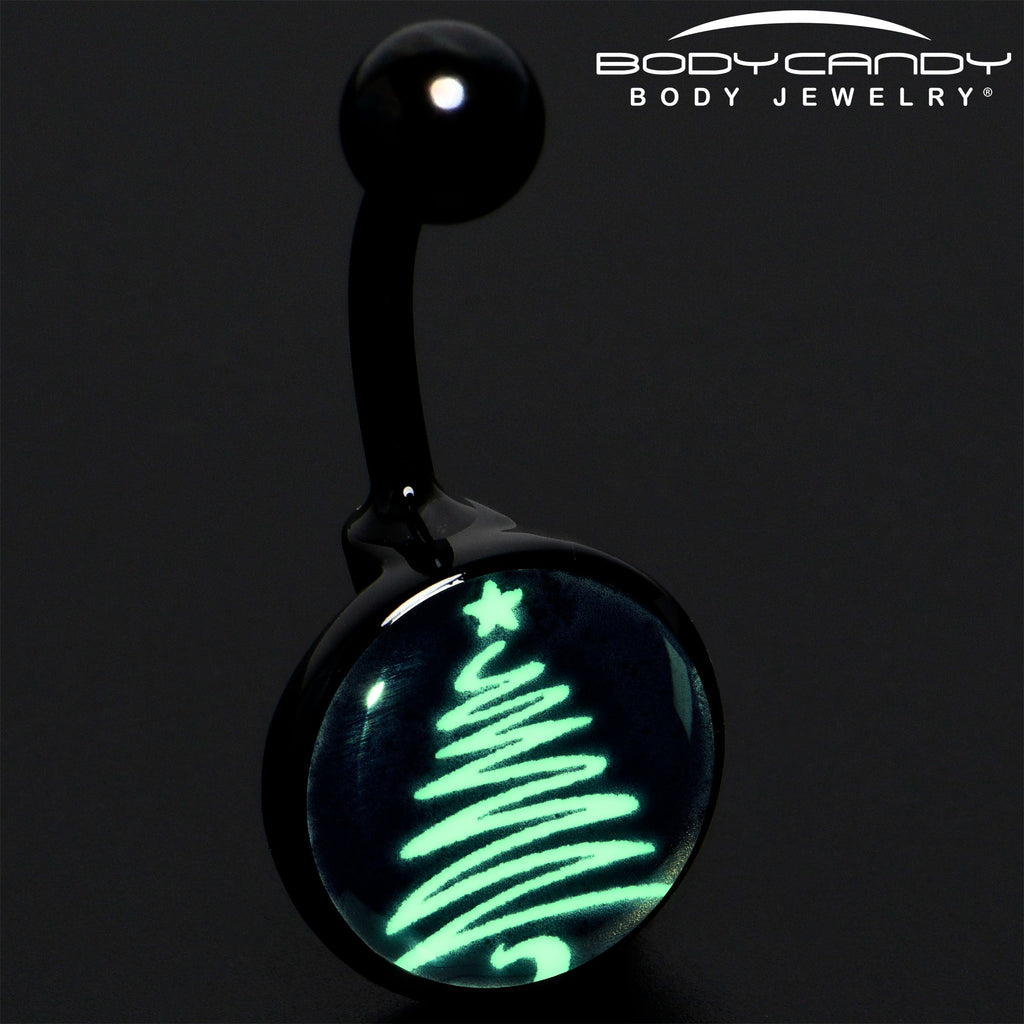 BodyCandy Black Glow in the Dark Holiday Christmas Tree Belly Ring by Onyx O — detail close-up