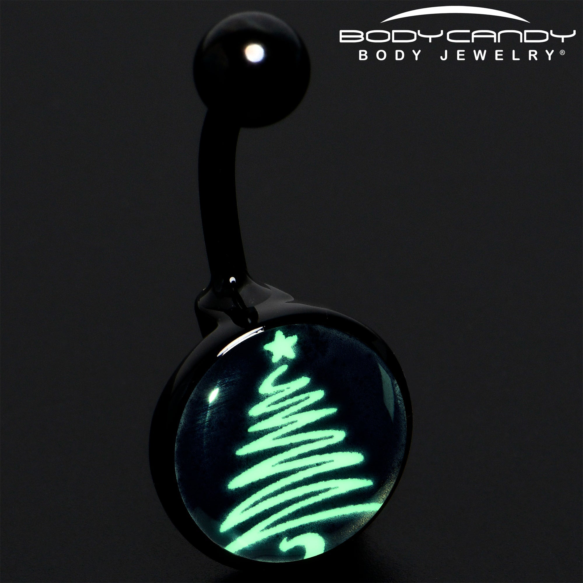 BodyCandy Black Glow in the Dark Holiday Christmas Tree Belly Ring by Onyx O — detail close-up