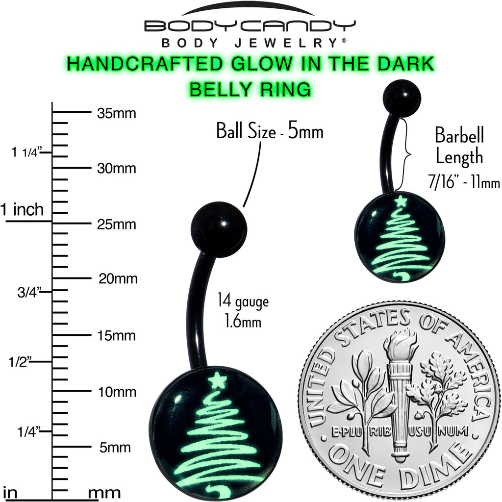 BodyCandy Black Glow in the Dark Holiday Christmas Tree Belly Ring by Onyx O — size reference