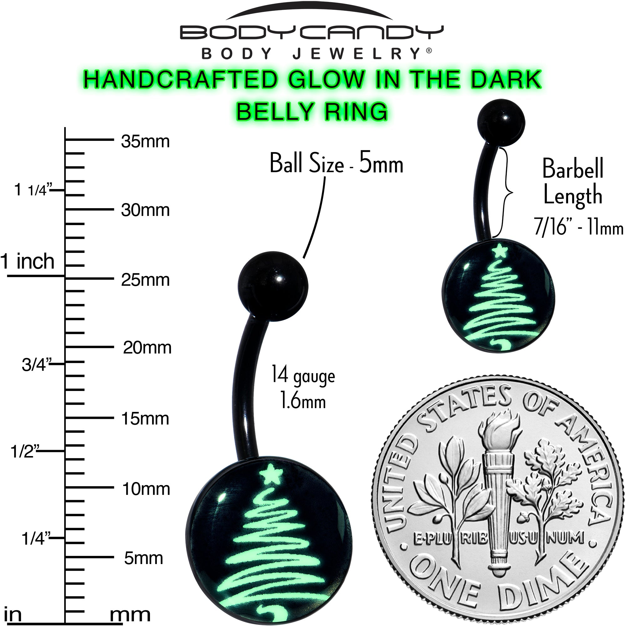 BodyCandy Black Glow in the Dark Holiday Christmas Tree Belly Ring by Onyx O — size reference