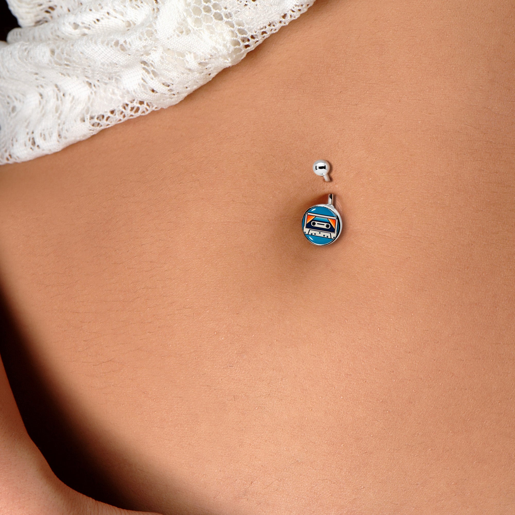 BodyCandy Retro Cassette Tape Belly Ring by Onyx O — detail close-up