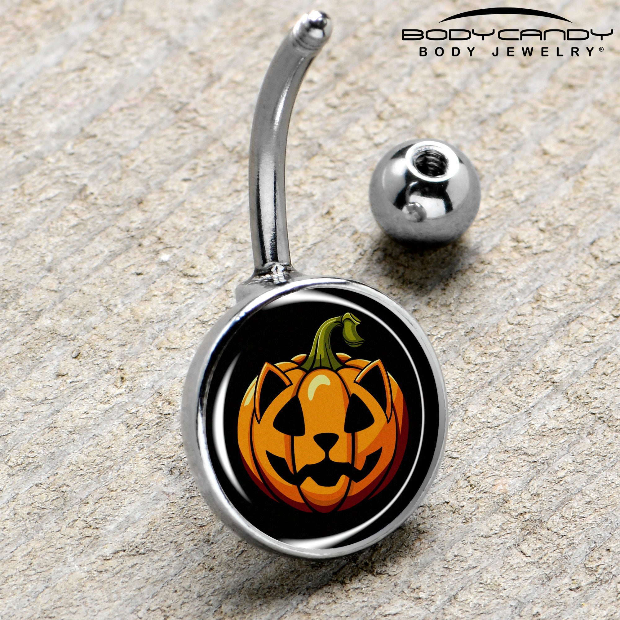 BodyCandy Orange Pumpkin Cat Jack-O-Lantern Belly Ring by Onyx O — side view