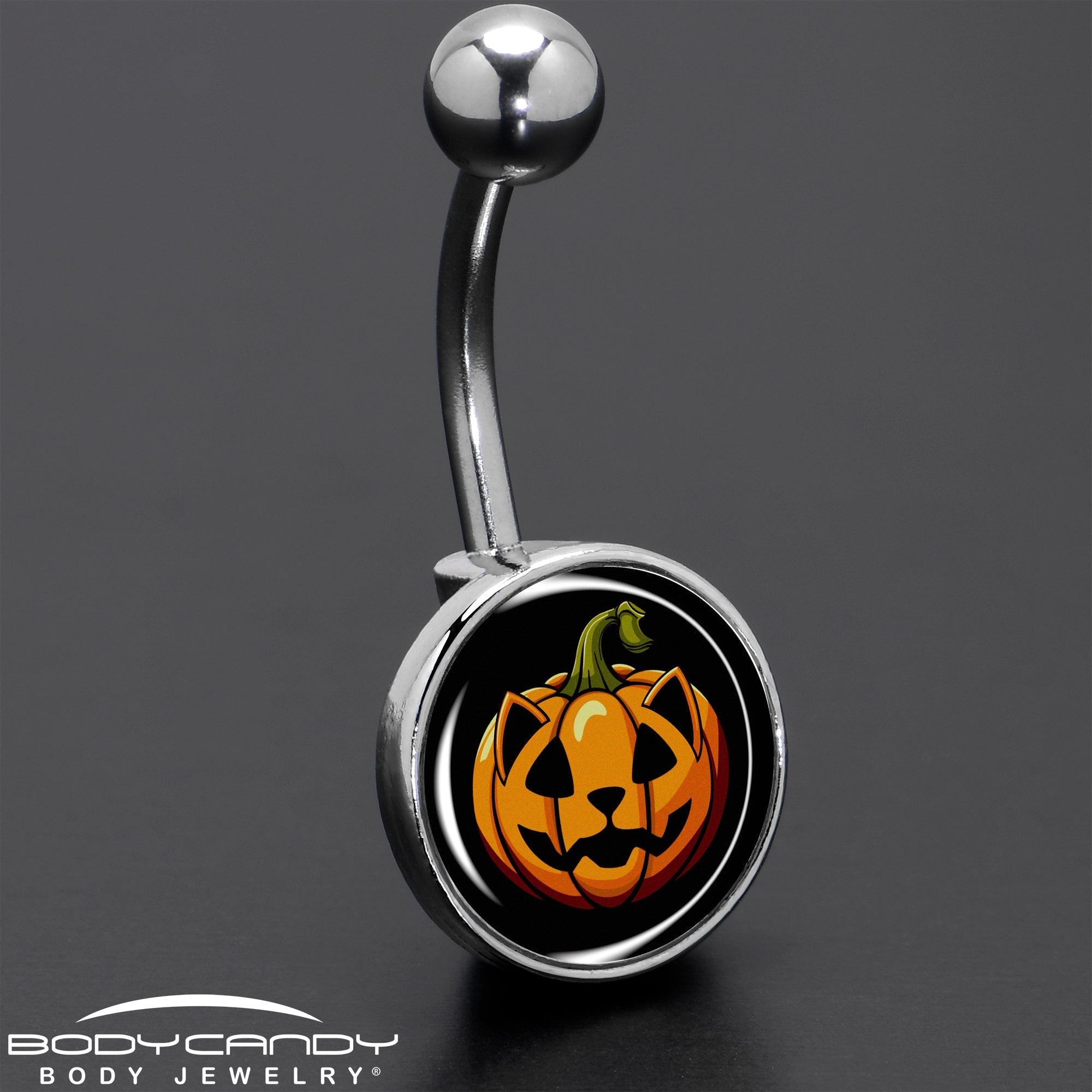 BodyCandy Orange Pumpkin Cat Jack-O-Lantern Belly Ring by Onyx O — size reference
