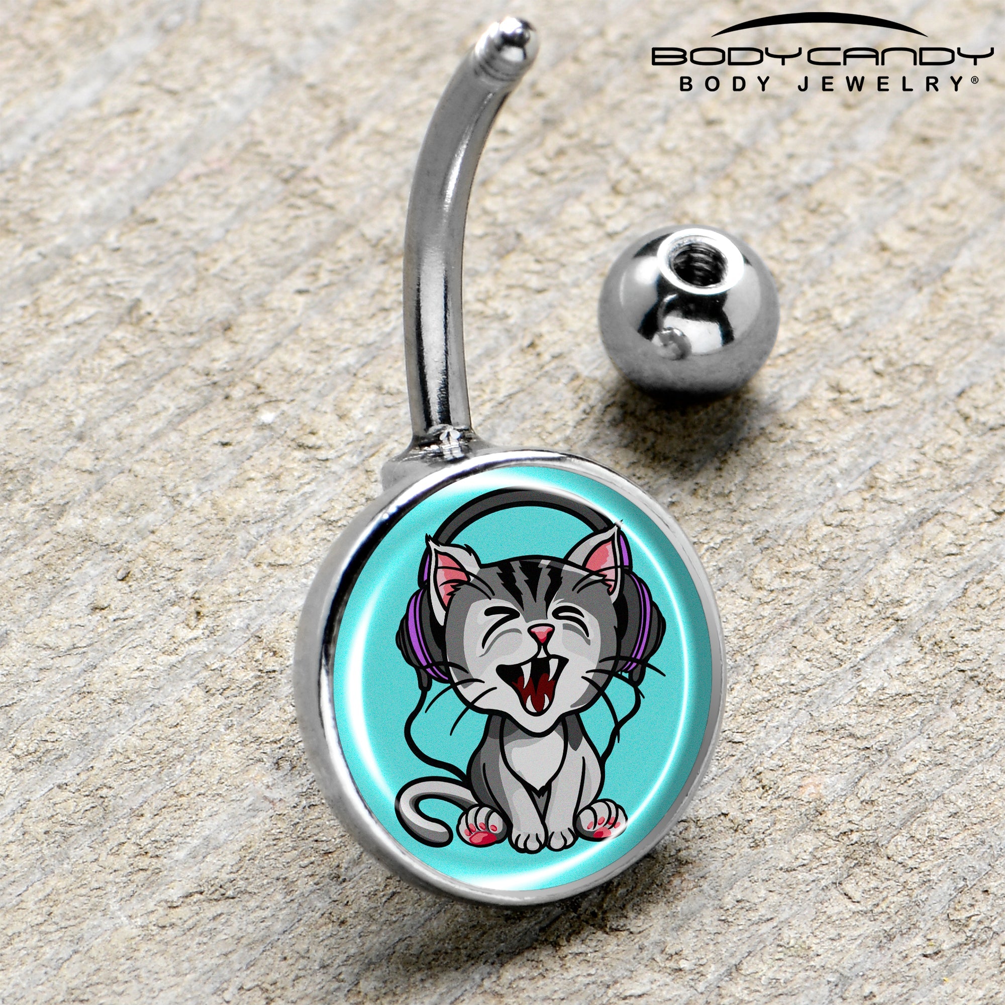 BodyCandy Heavy Metal Kitty Cat Belly Ring by Onyx O — side view