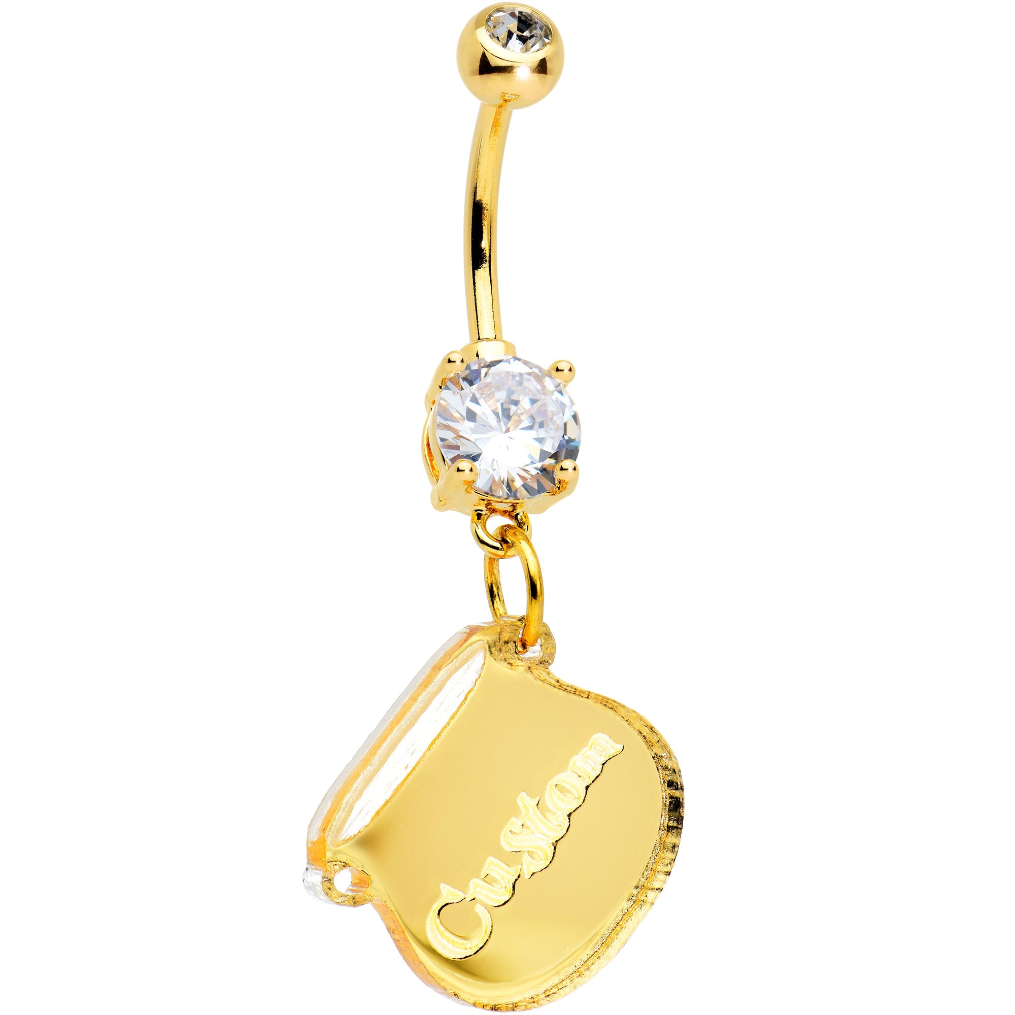 BodyCandy Custom Clear Gem Gold Tone Pot of Gold St Patricks Dangle Belly Ring — detail close-up