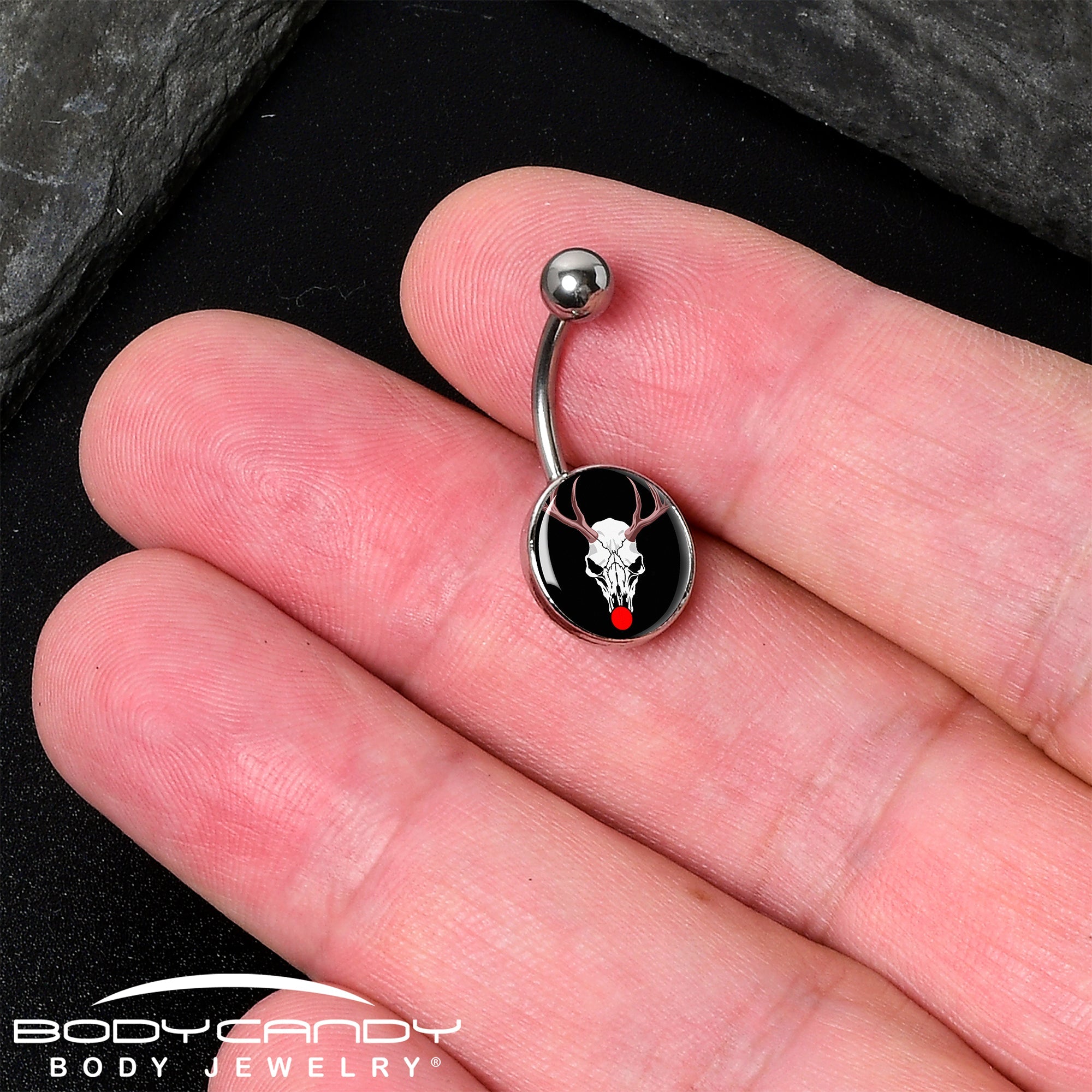 BodyCandy Holiday Dead Nosed Reindeer Belly Ring by Onyx O — detail close-up