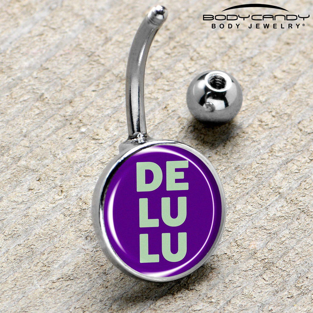 BodyCandy Word DELULU Belly Ring by Onyx O — side view
