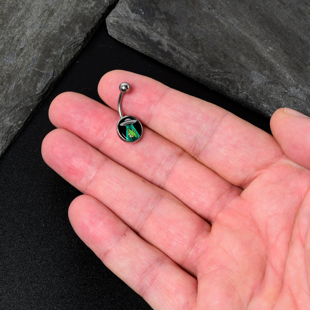 BodyCandy Alien UFO Dinosaur Abduction Belly Ring by Onyx O — in-use photo