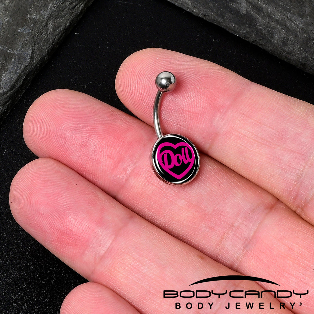 BodyCandy Hollow Heart Doll Word Belly Ring by Onyx O — detail close-up
