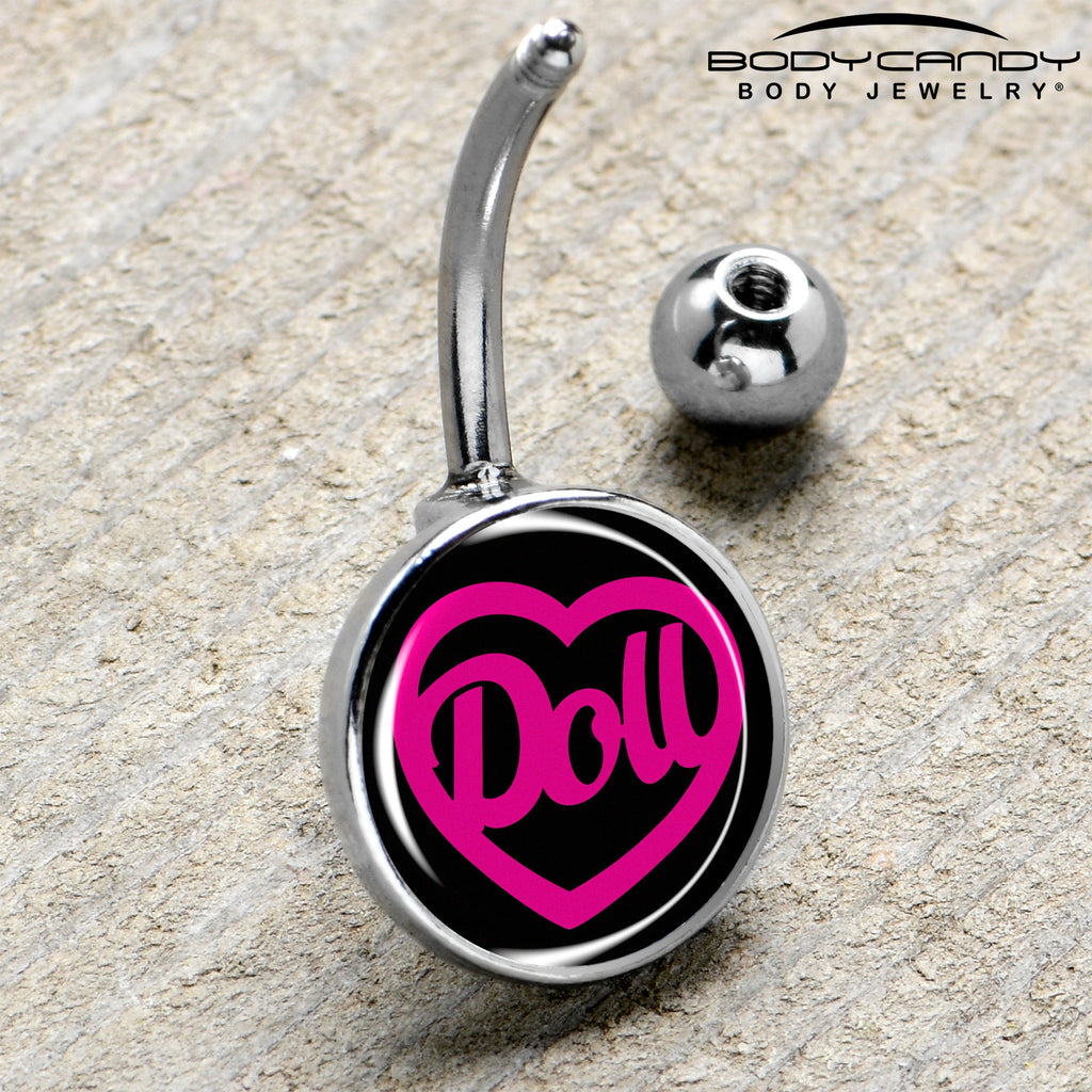 BodyCandy Hollow Heart Doll Word Belly Ring by Onyx O — side view