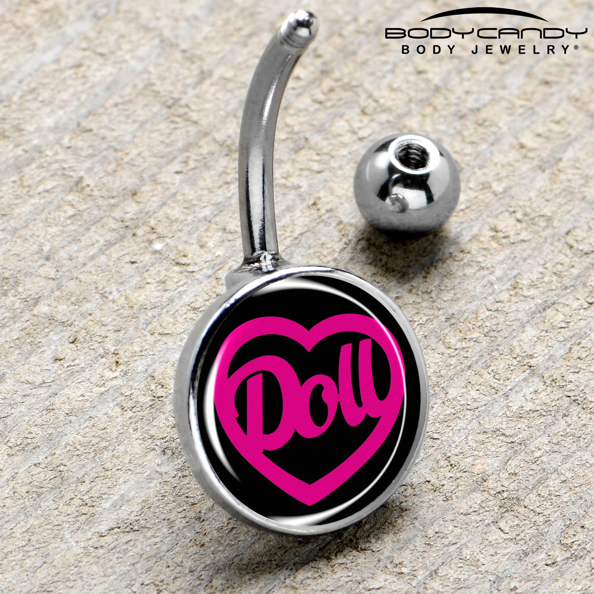 BodyCandy Hollow Heart Doll Word Belly Ring by Onyx O — side view