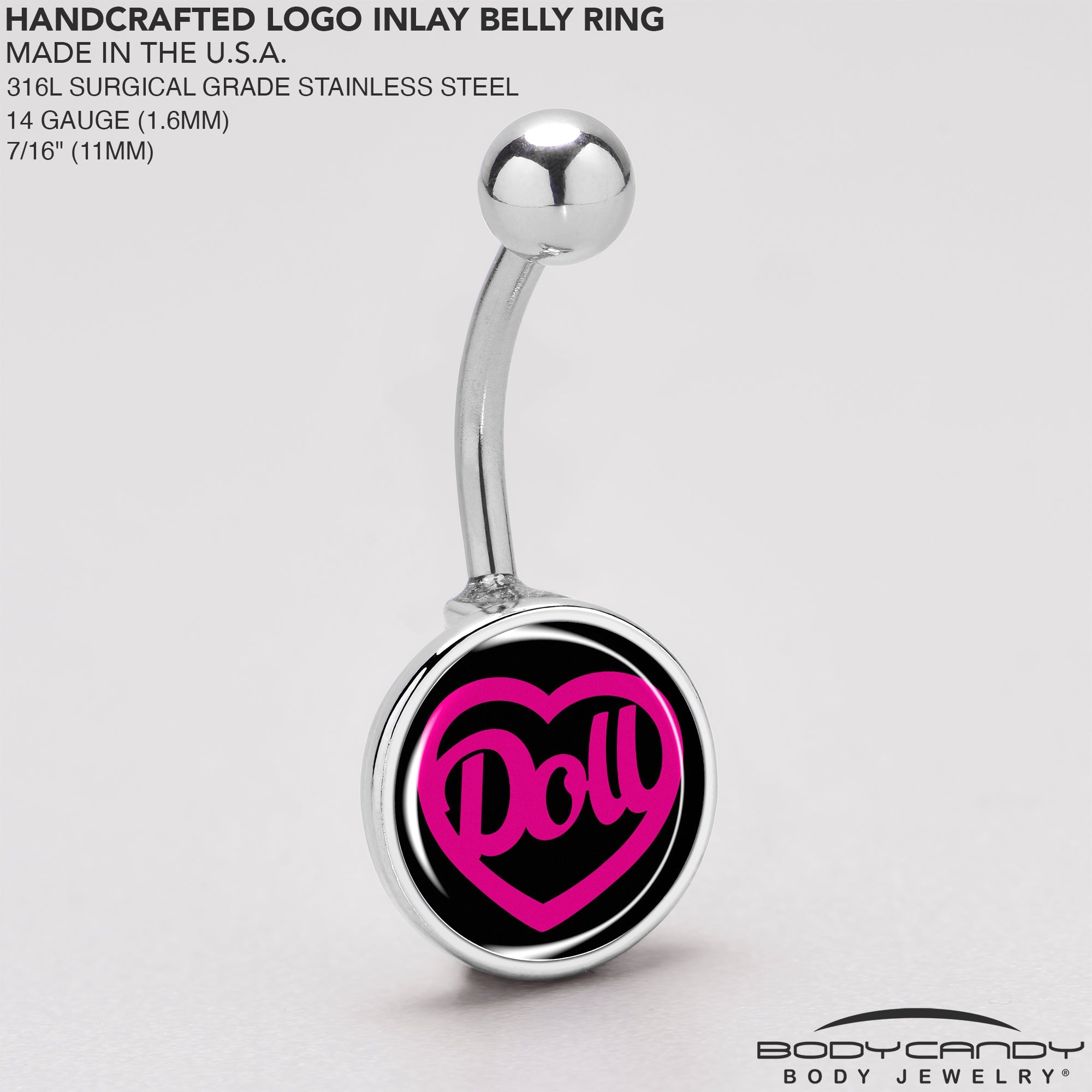 BodyCandy Hollow Heart Doll Word Belly Ring by Onyx O — back view