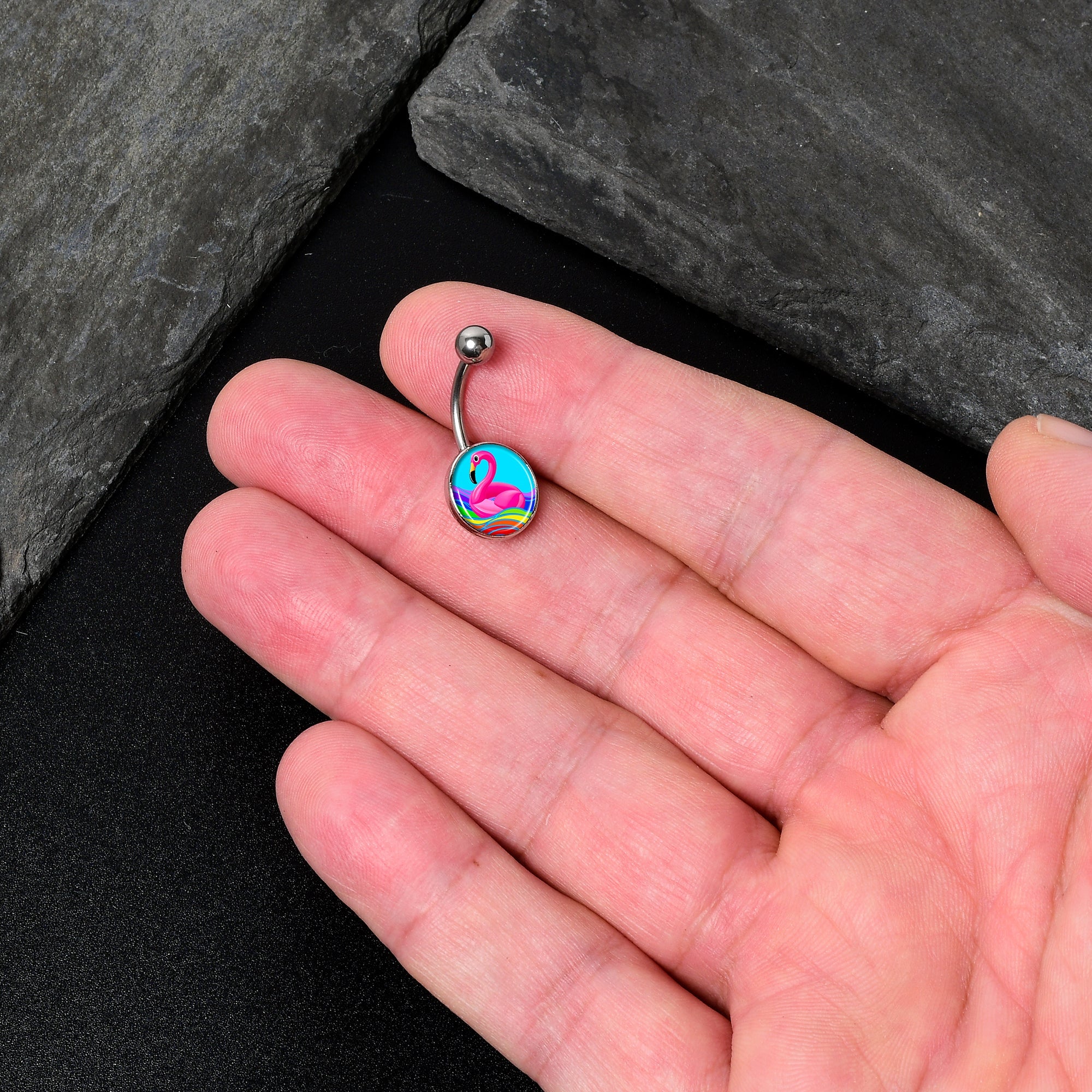 BodyCandy Rainbow Sea Floating Flamingo Belly Ring by Onyx O — in-use photo