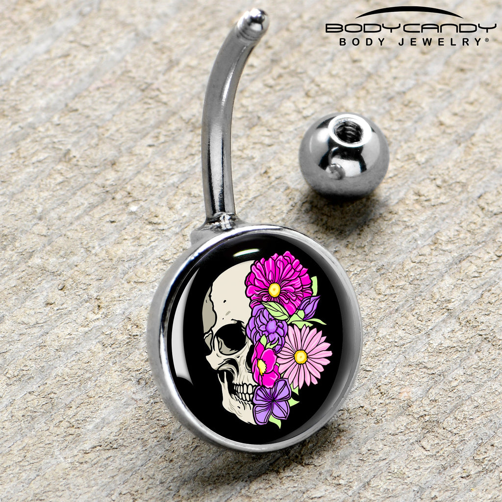 BodyCandy Floral Flowers Skull Belly Ring by Onyx O — side view