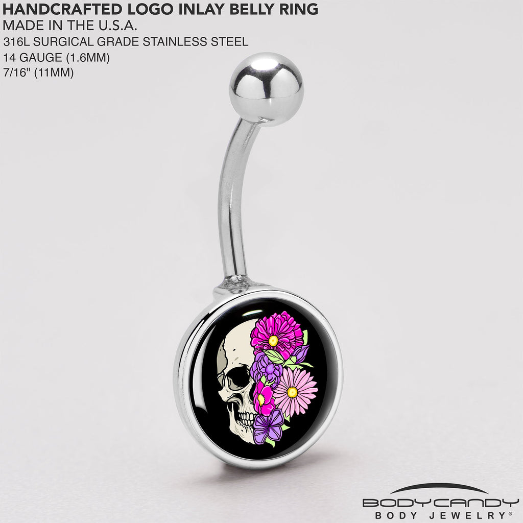BodyCandy Floral Flowers Skull Belly Ring by Onyx O — back view