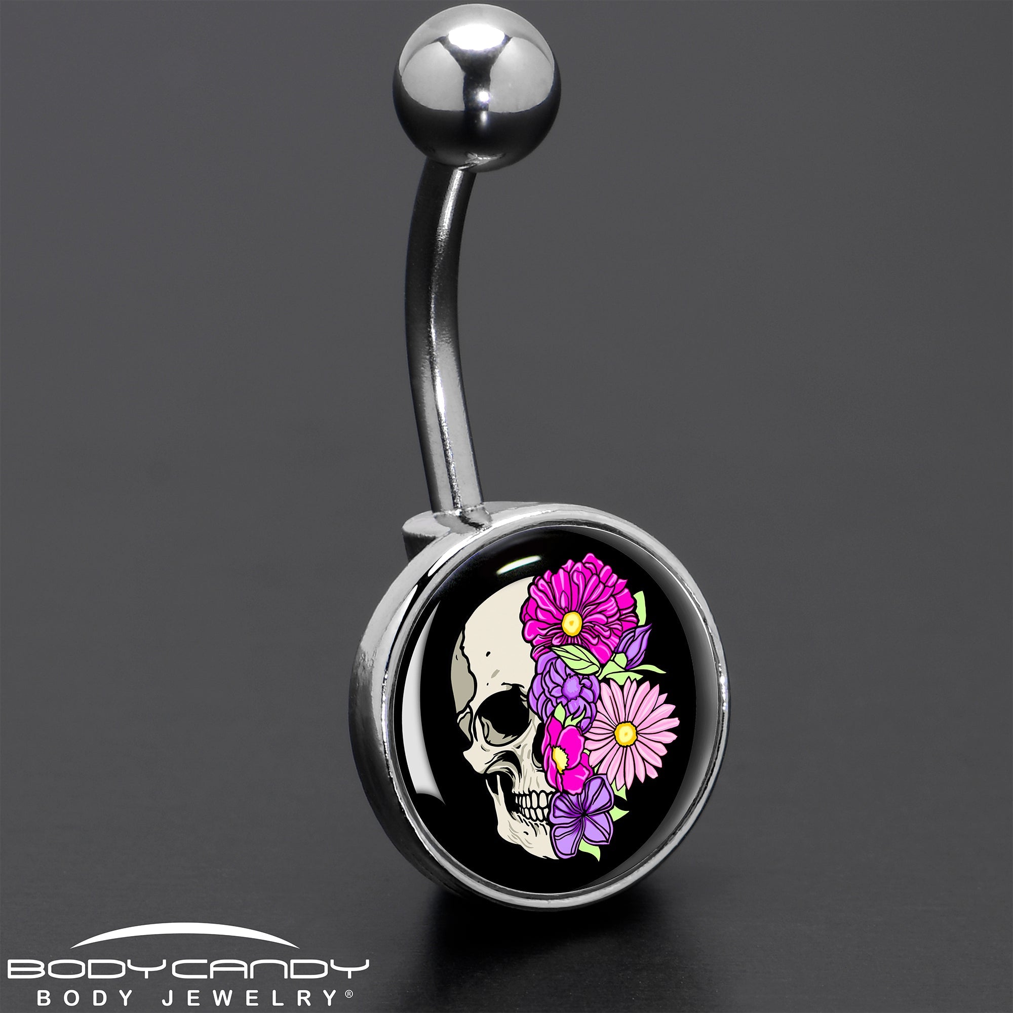 BodyCandy Floral Flowers Skull Belly Ring by Onyx O — in-use photo