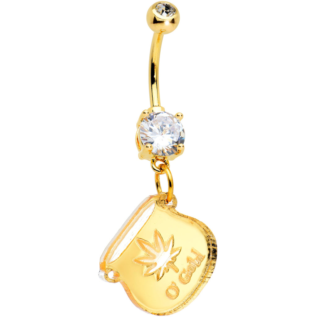 BodyCandy Clear Gem Gold Tone Pot of Gold 420 St Patricks Dangle Belly Ring — detail close-up