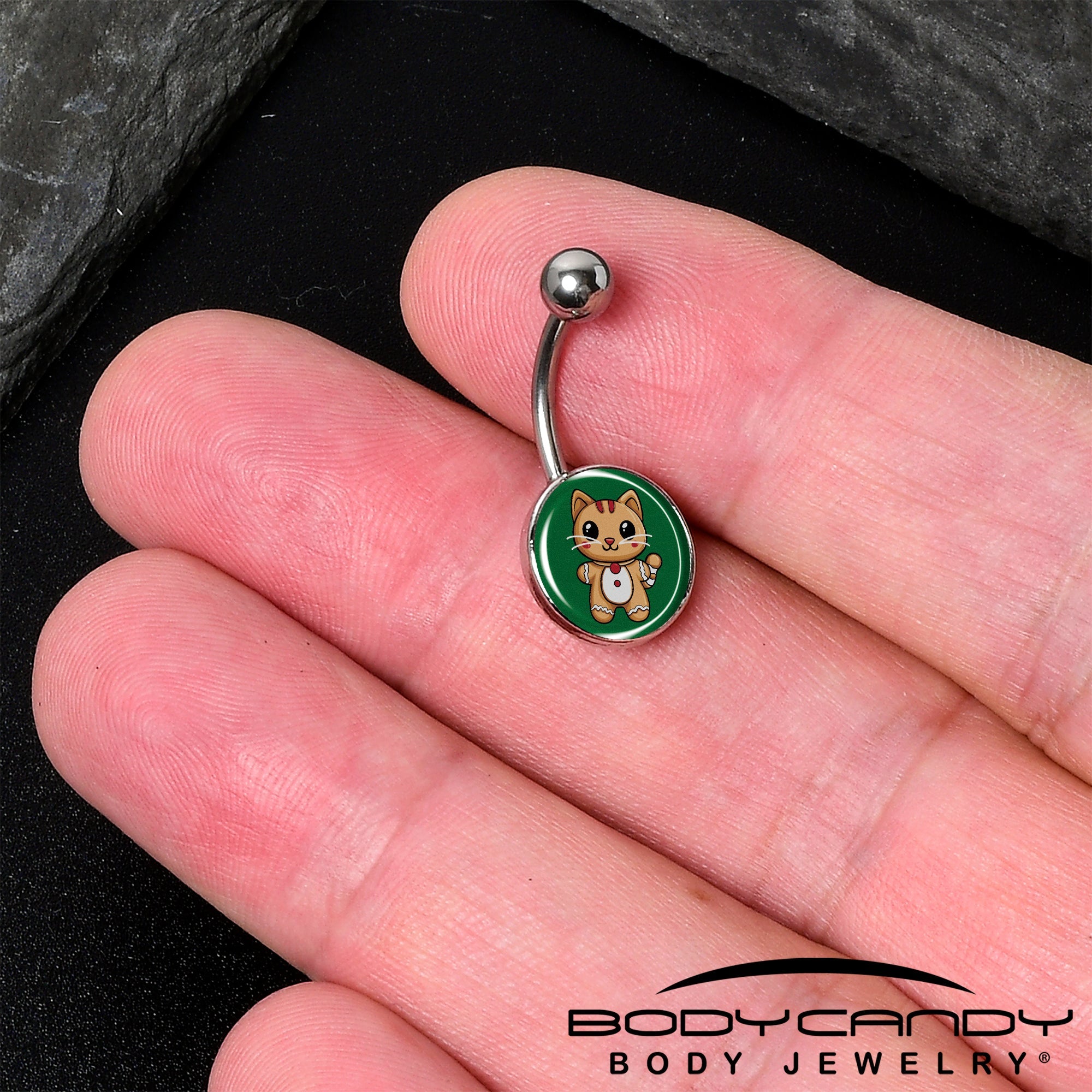 BodyCandy Christmas Holiday Gingerbread Kitty Cat Belly Ring by Onyx O — detail close-up