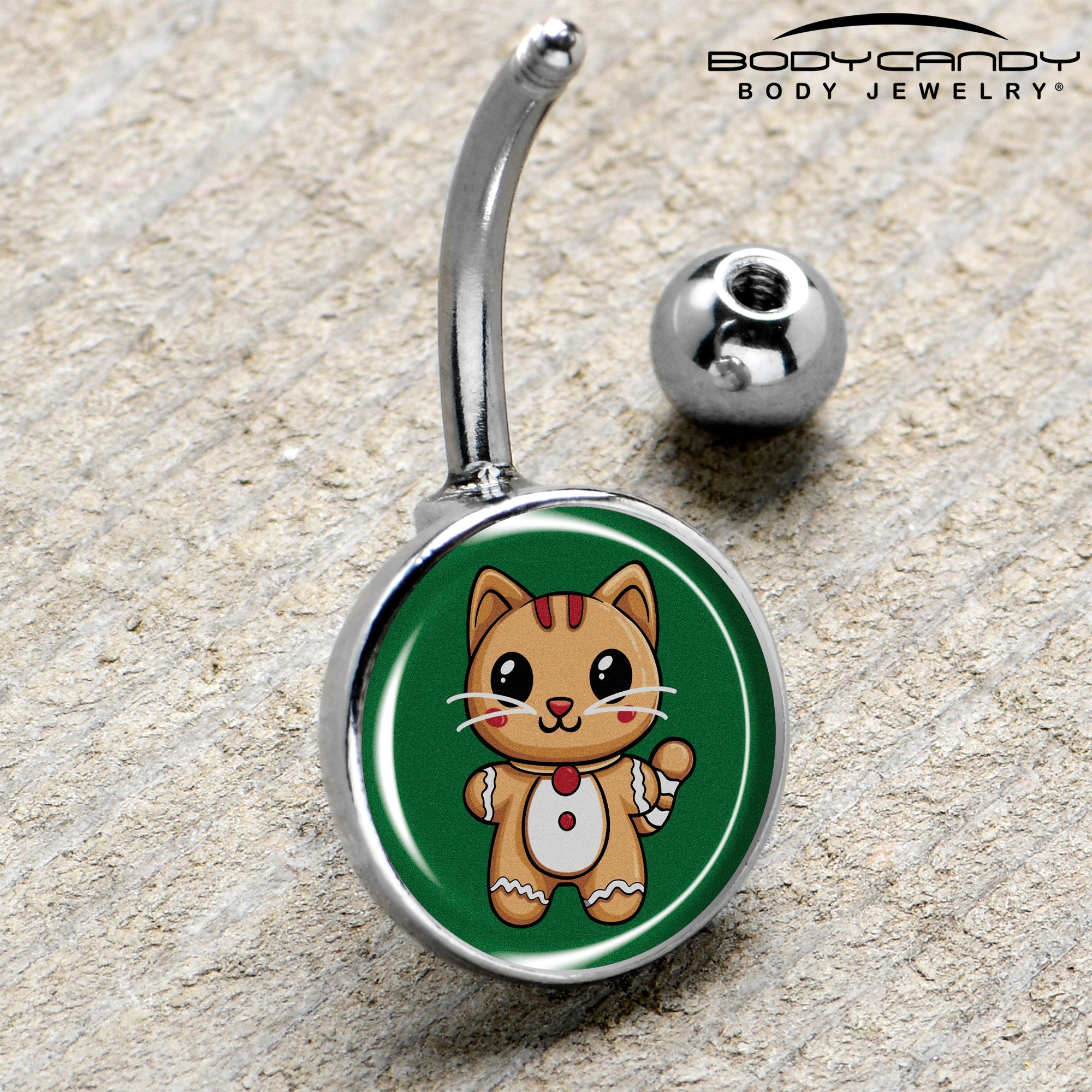 BodyCandy Christmas Holiday Gingerbread Kitty Cat Belly Ring by Onyx O — side view