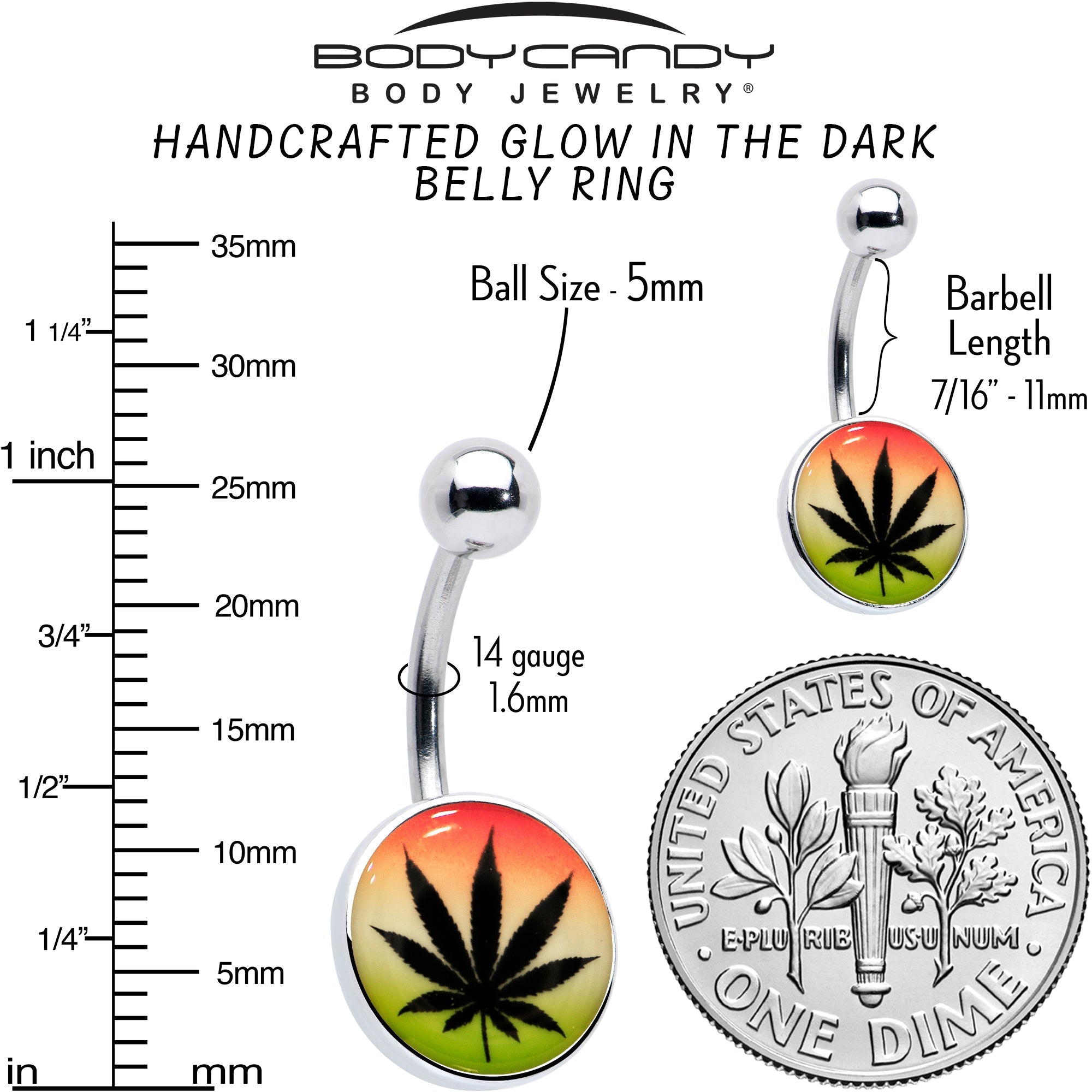 BodyCandy Steel Glow in the Dark Rainbow Ganja Leaf Belly Ring — size reference
