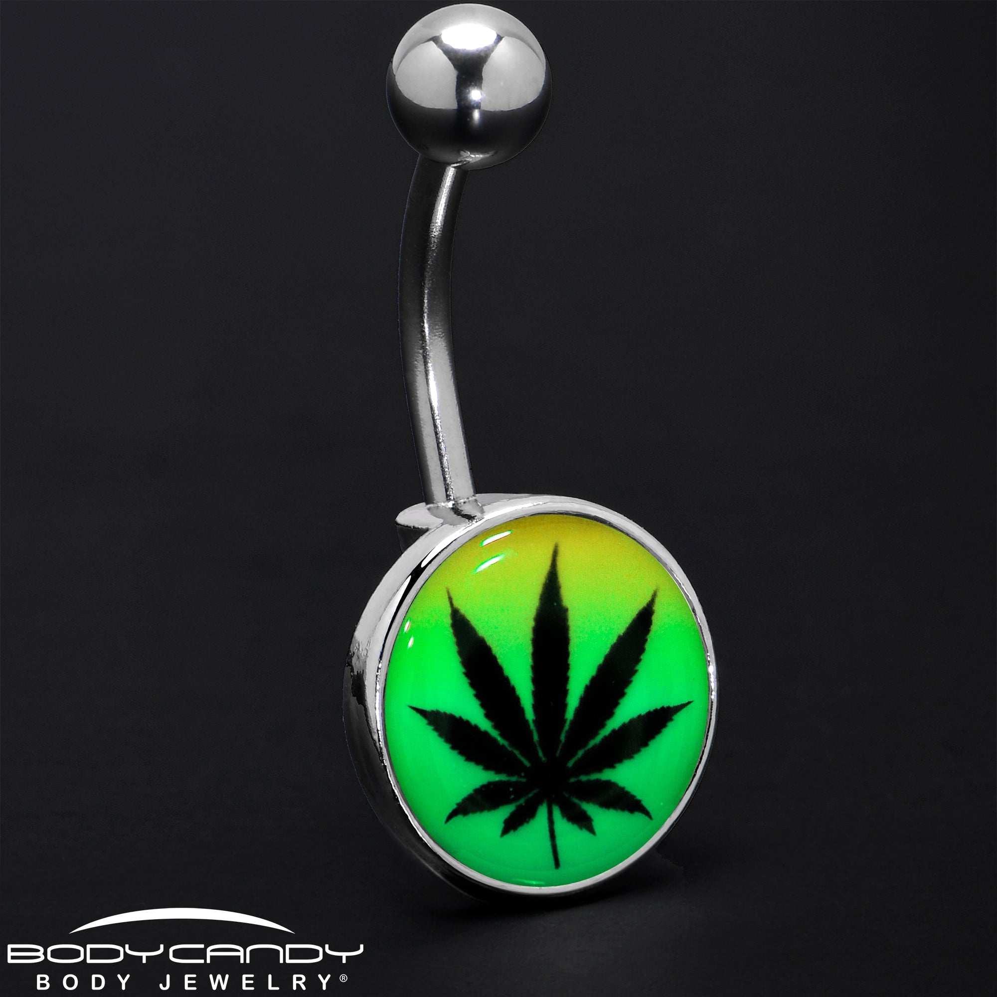 BodyCandy Steel Glow in the Dark Rainbow Ganja Leaf Belly Ring — color detail