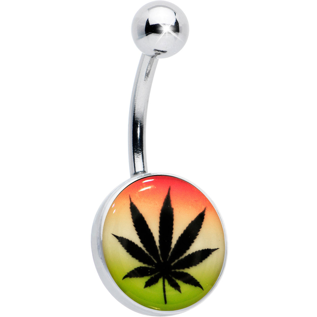 BodyCandy Steel Glow in the Dark Rainbow Ganja Leaf Belly Ring — fabric or material detail