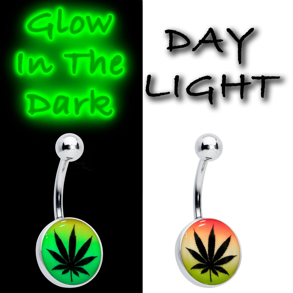BodyCandy Steel Glow in the Dark Rainbow Ganja Leaf Belly Ring — in-use photo