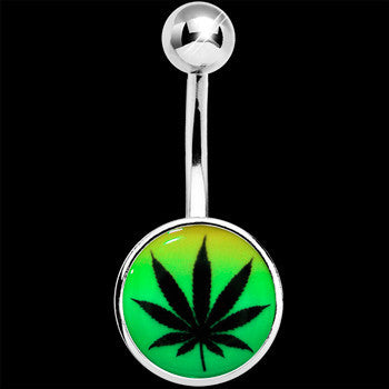 BodyCandy Steel Glow in the Dark Rainbow Ganja Leaf Belly Ring — side view