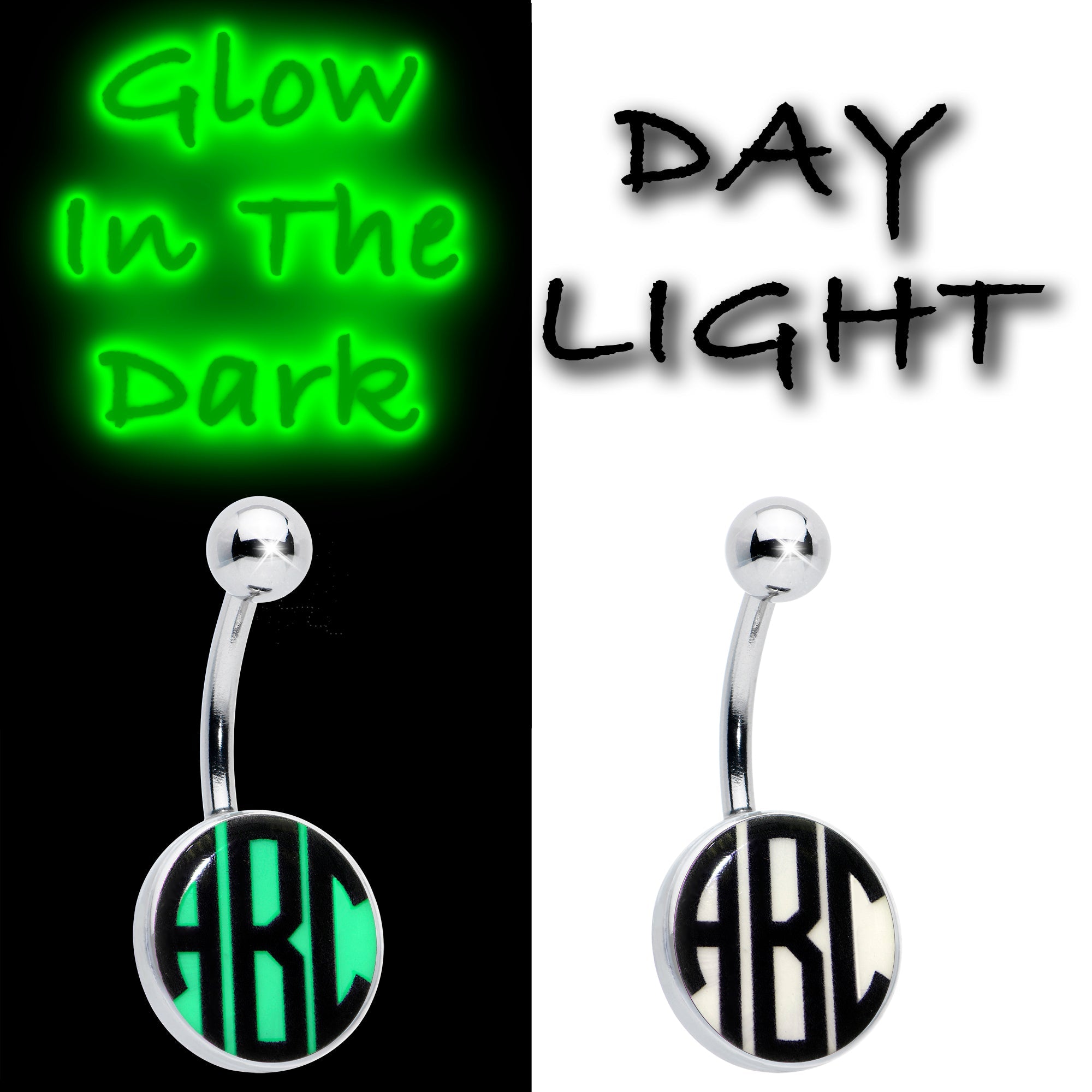 BodyCandy Custom Glow in the Dark Logo Personalized Initial Belly Ring — comparison shot